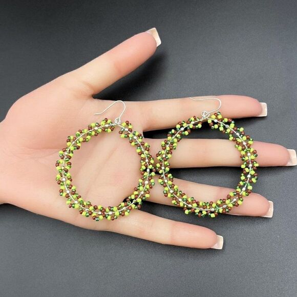 Silver Wire Wrapped Multicolored Beaded Round Wreath Dangling Hook Earrings - Picture 9 of 9